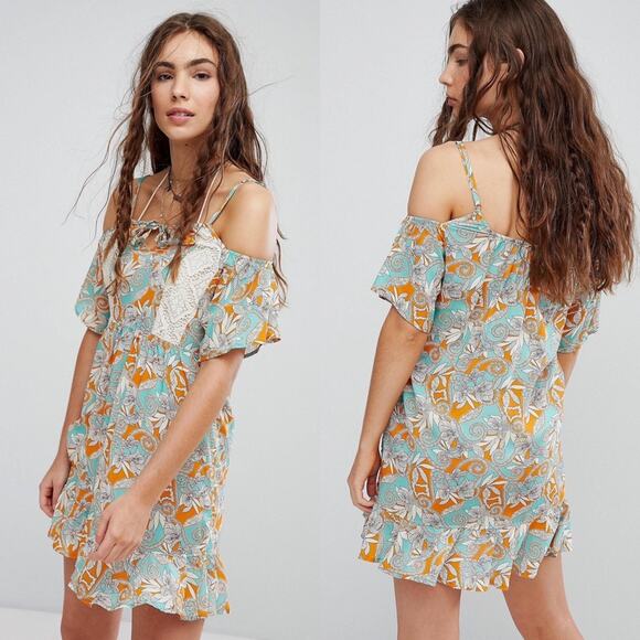 Maaji Cold Shoulder Teal Orange Lace Detail Swim Coverup Dress Size Large - Picture 2 of 11